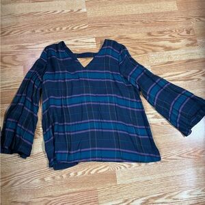 LOFT Multicolor Striped V-Neck Blouse With Bell Sleeves